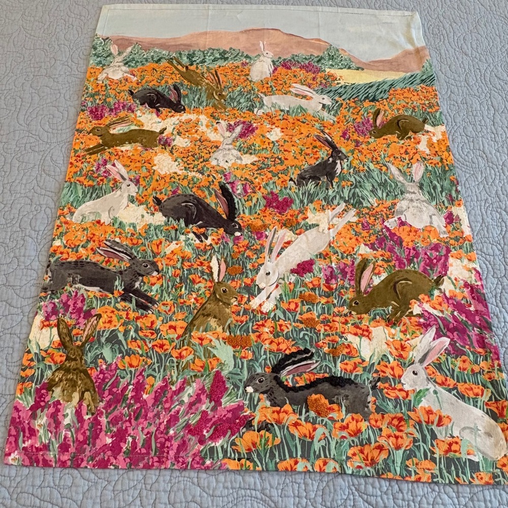 Anthropologie Embroidered Rabbit Bunny Meadow Poppy Flower Cotton Dish Towel NWT